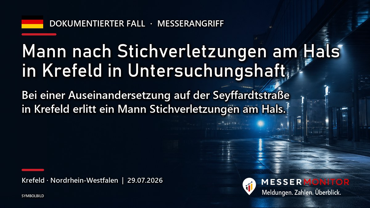 Titelgrafik: Mann nach Stichverletzungen am Hals in Krefeld in Untersuchungshaft. Bei einer Auseinandersetzung auf der Seyffardtstraße in Krefeld erlitt ein Mann Stichverletzungen am Hals..