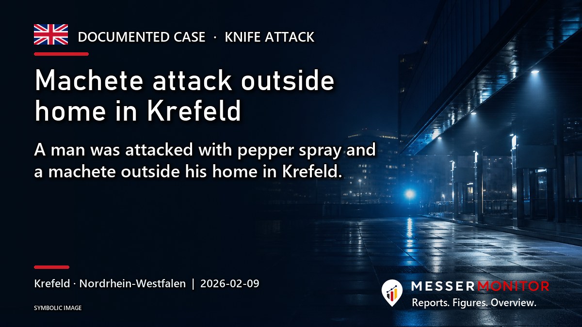 Title image: Machete attack outside home in Krefeld. A man was attacked with pepper spray and a machete outside his home in Krefeld..