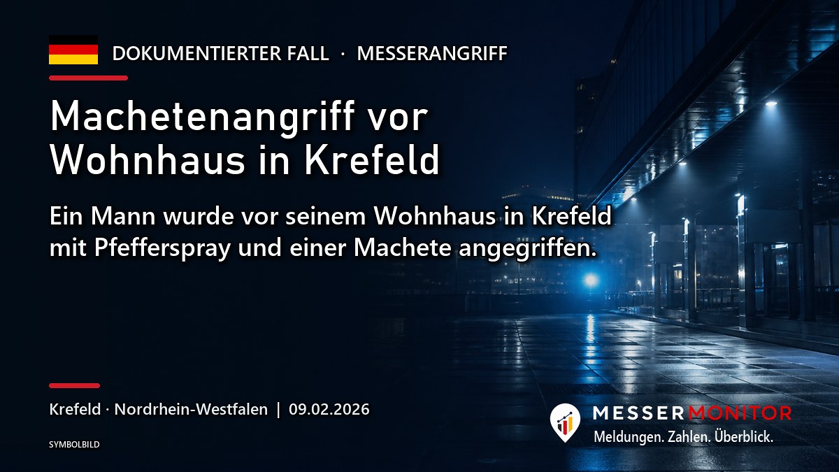 Titelgrafik: Machetenangriff vor Wohnhaus in Krefeld. Ein Mann wurde vor seinem Wohnhaus in Krefeld mit Pfefferspray und einer Machete angegriffen..