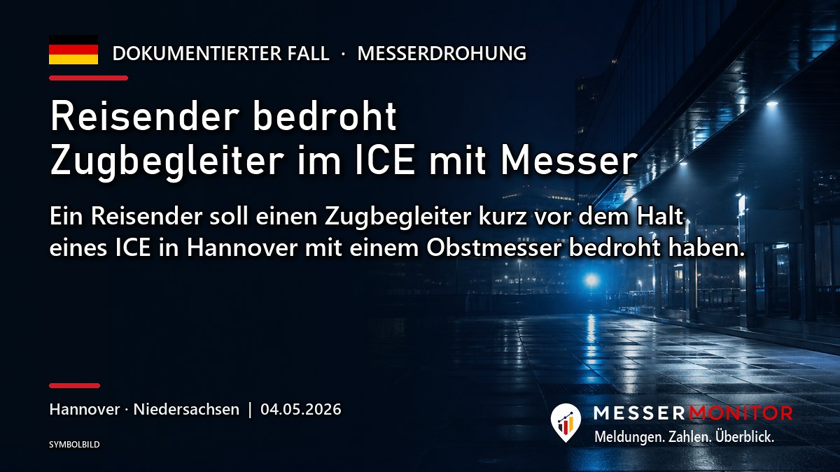 Titelgrafik: Reisender bedroht Zugbegleiter im ICE mit Messer. Ein Reisender soll einen Zugbegleiter kurz vor dem Halt eines ICE in Hannover mit einem Obstmesser bedroht haben..