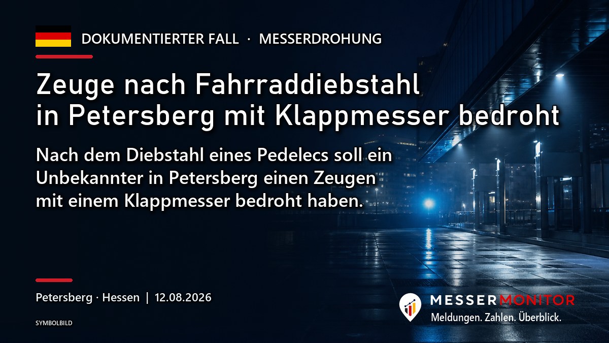 Titelgrafik: Zeuge nach Fahrraddiebstahl in Petersberg mit Klappmesser bedroht. Nach dem Diebstahl eines Pedelecs soll ein Unbekannter in Petersberg einen Zeugen mit einem Klappmesser bedroht haben..