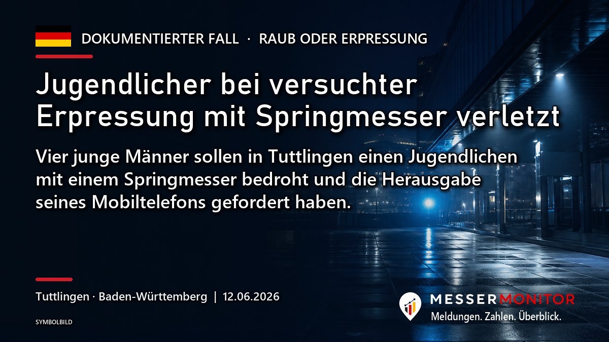 Titelgrafik: Jugendlicher bei versuchter Erpressung mit Springmesser verletzt. Vier junge Männer sollen in Tuttlingen einen Jugendlichen mit einem Springmesser bedroht und die Herausgabe seines Mobiltelefons gefordert haben..