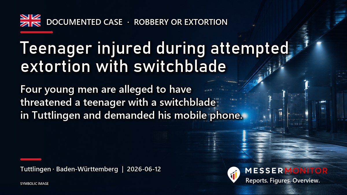 Title image: Teenager injured during attempted extortion with switchblade. Four young men are alleged to have threatened a teenager with a switchblade in Tuttlingen and demanded his mobile phone..