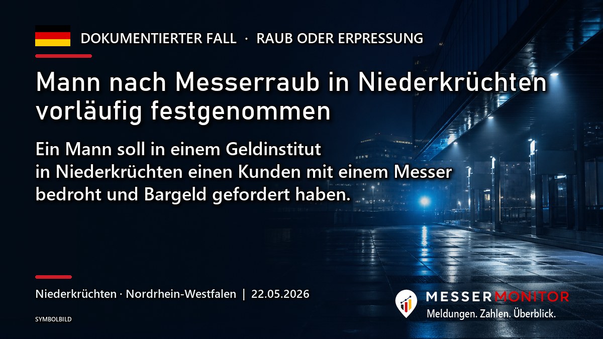 Titelgrafik: Mann nach Messerraub in Niederkrüchten vorläufig festgenommen. Ein Mann soll in einem Geldinstitut in Niederkrüchten einen Kunden mit einem Messer bedroht und Bargeld gefordert haben..