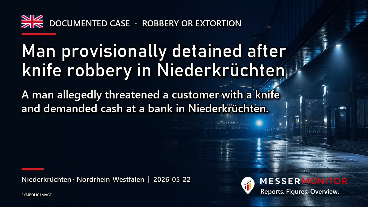 Title image: Man provisionally detained after knife robbery in Niederkrüchten. A man allegedly threatened a customer with a knife and demanded cash at a bank in Niederkrüchten..