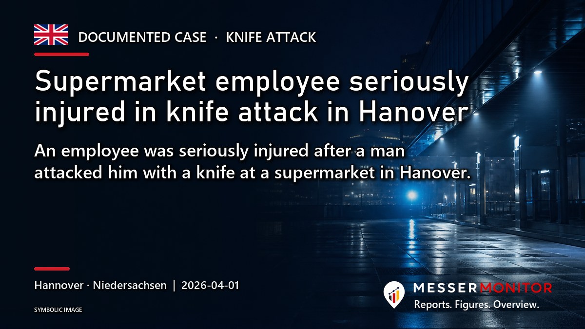 Title image: Supermarket employee seriously injured in knife attack in Hanover. An employee was seriously injured after a man attacked him with a knife at a supermarket in Hanover..