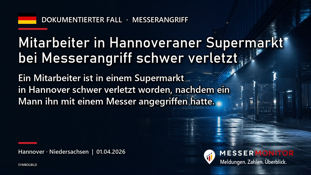 Titelgrafik: Mitarbeiter in Hannoveraner Supermarkt bei Messerangriff schwer verletzt. Ein Mitarbeiter ist in einem Supermarkt in Hannover schwer verletzt worden, nachdem ein Mann ihn mit einem Messer angegriffen hatte..