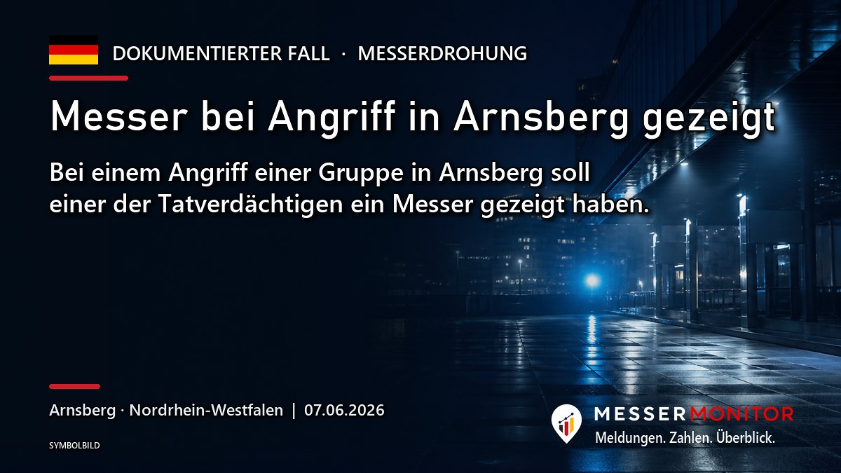 Titelgrafik: Messer bei Angriff in Arnsberg gezeigt. Bei einem Angriff einer Gruppe in Arnsberg soll einer der Tatverdächtigen ein Messer gezeigt haben..