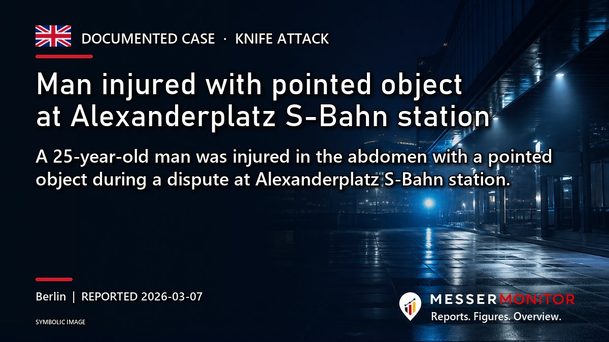 Title image: Man injured with pointed object at Alexanderplatz S-Bahn station. A 25-year-old man was injured in the abdomen with a pointed object during a dispute at Alexanderplatz S-Bahn station..