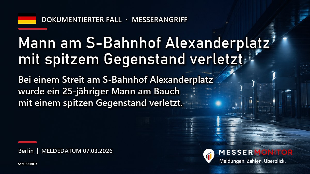 Titelgrafik: Mann am S-Bahnhof Alexanderplatz mit spitzem Gegenstand verletzt. Bei einem Streit am S-Bahnhof Alexanderplatz wurde ein 25-jähriger Mann am Bauch mit einem spitzen Gegenstand verletzt..