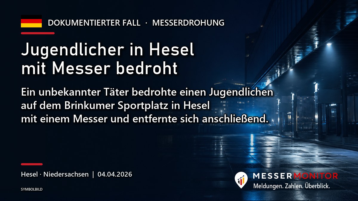Titelgrafik: Jugendlicher in Hesel mit Messer bedroht. Ein unbekannter Täter bedrohte einen Jugendlichen auf dem Brinkumer Sportplatz in Hesel mit einem Messer und entfernte sich anschließend..