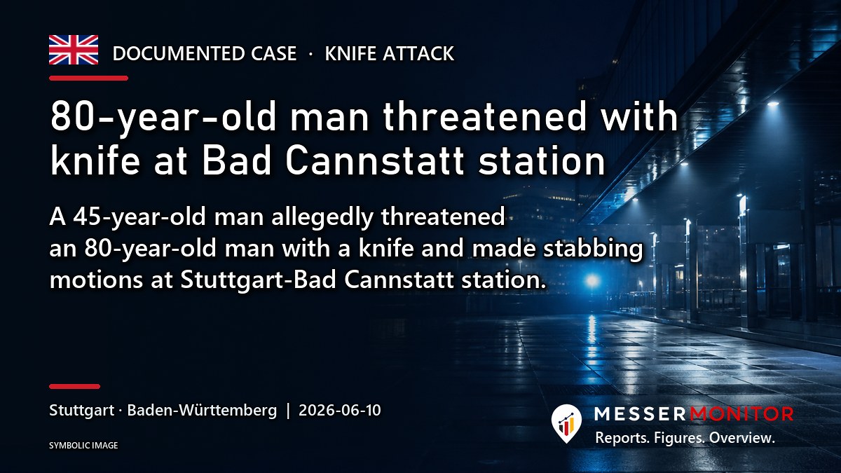 Title image: 80-year-old man threatened with knife at Bad Cannstatt station. A 45-year-old man allegedly threatened an 80-year-old man with a knife and made stabbing motions at Stuttgart-Bad Cannstatt station..