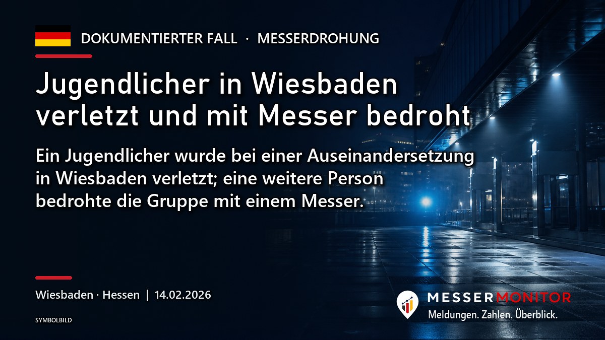 Titelgrafik: Jugendlicher in Wiesbaden verletzt und mit Messer bedroht. Ein Jugendlicher wurde bei einer Auseinandersetzung in Wiesbaden verletzt; eine weitere Person bedrohte die Gruppe mit einem Messer..