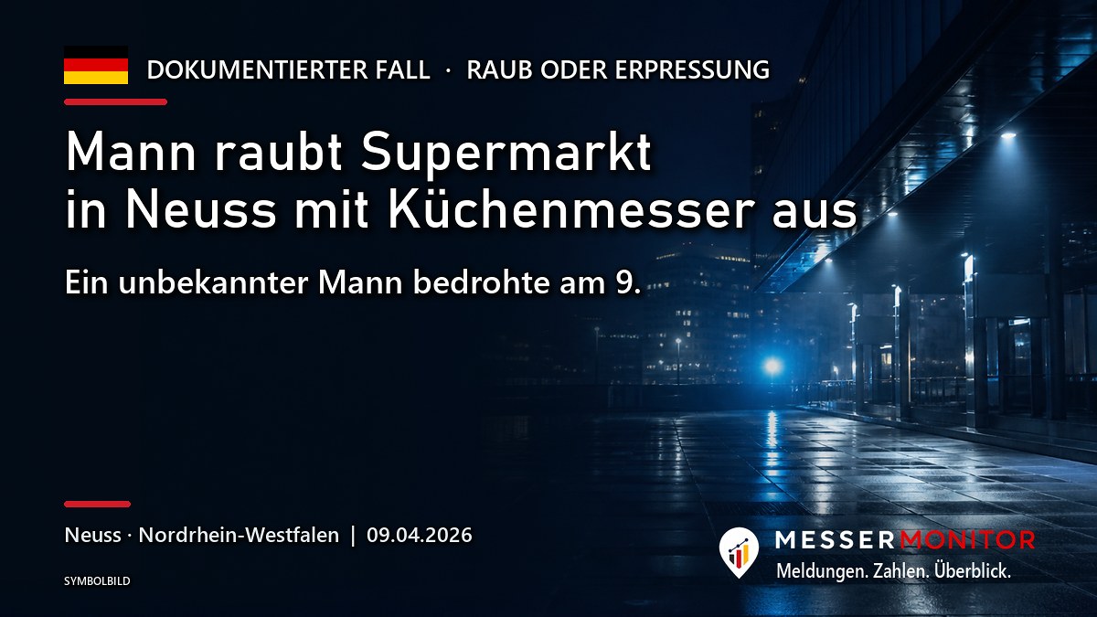 Titelgrafik: Mann raubt Supermarkt in Neuss mit Küchenmesser aus. Ein unbekannter Mann bedrohte am 9..