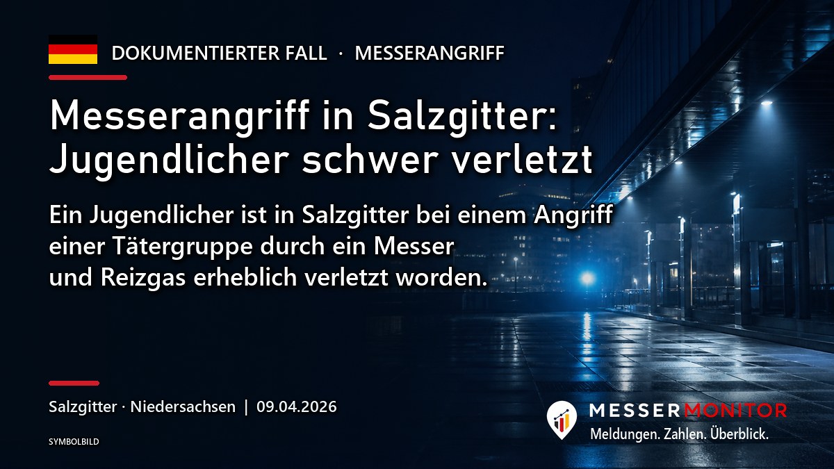 Titelgrafik: Messerangriff in Salzgitter: Jugendlicher schwer verletzt. Ein Jugendlicher ist in Salzgitter bei einem Angriff einer Tätergruppe durch ein Messer und Reizgas erheblich verletzt worden..