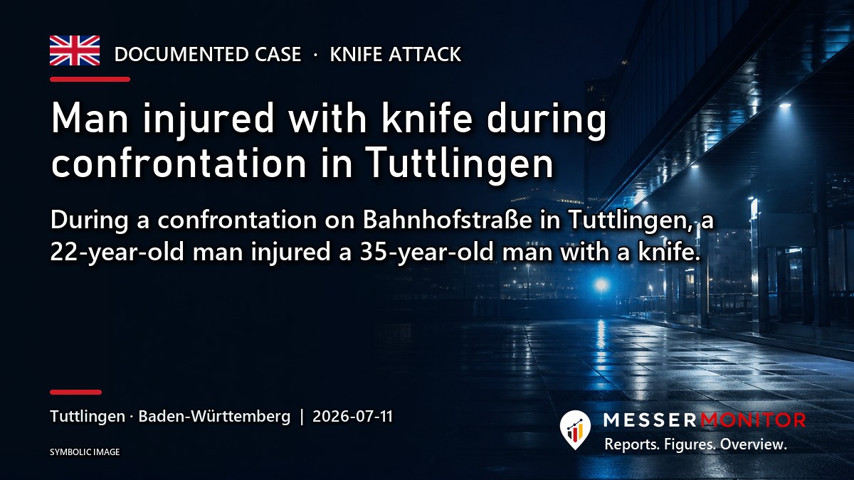 Title image: Man injured with knife during confrontation in Tuttlingen. During a confrontation on Bahnhofstraße in Tuttlingen, a 22-year-old man injured a 35-year-old man with a knife..