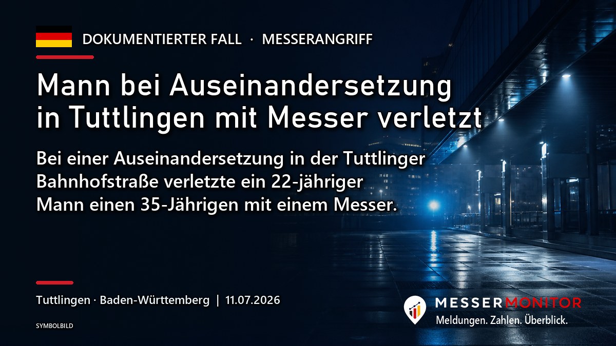 Titelgrafik: Mann bei Auseinandersetzung in Tuttlingen mit Messer verletzt. Bei einer Auseinandersetzung in der Tuttlinger Bahnhofstraße verletzte ein 22-jähriger Mann einen 35-Jährigen mit einem Messer..