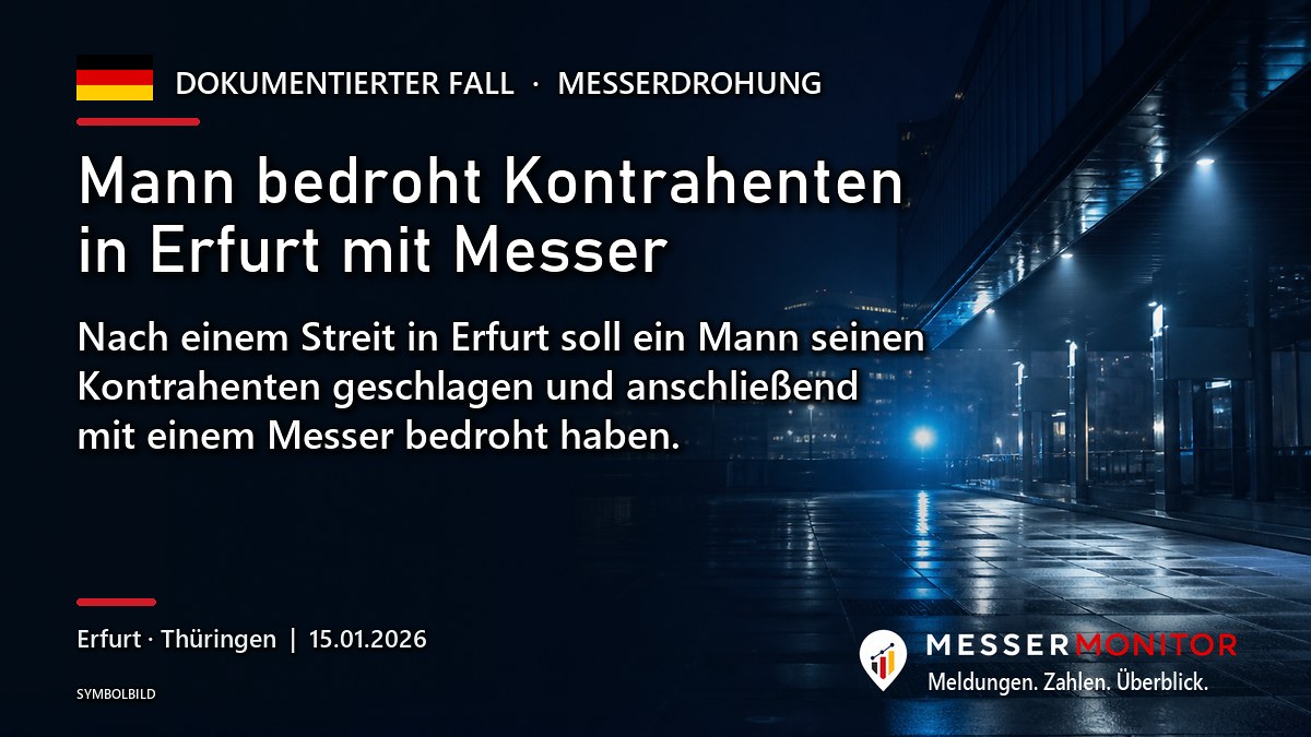 Titelgrafik: Mann bedroht Kontrahenten in Erfurt mit Messer. Nach einem Streit in Erfurt soll ein Mann seinen Kontrahenten geschlagen und anschließend mit einem Messer bedroht haben..