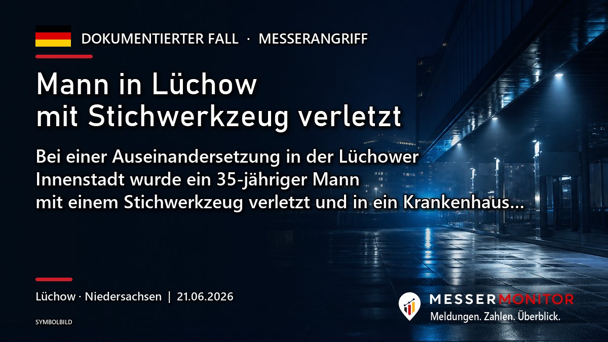 Titelgrafik: Mann in Lüchow mit Stichwerkzeug verletzt. Bei einer Auseinandersetzung in der Lüchower Innenstadt wurde ein 35-jähriger Mann mit einem Stichwerkzeug verletzt und in ein Krankenhaus….