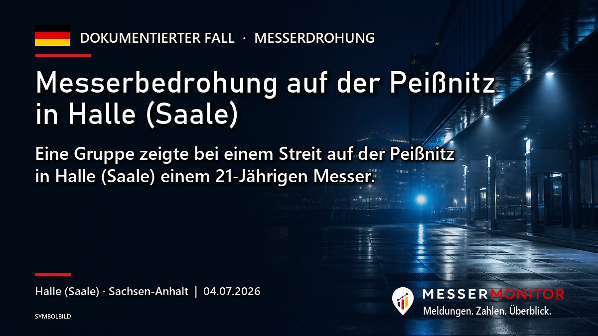Titelgrafik: Messerbedrohung auf der Peißnitz in Halle (Saale). Eine Gruppe zeigte bei einem Streit auf der Peißnitz in Halle (Saale) einem 21-Jährigen Messer..