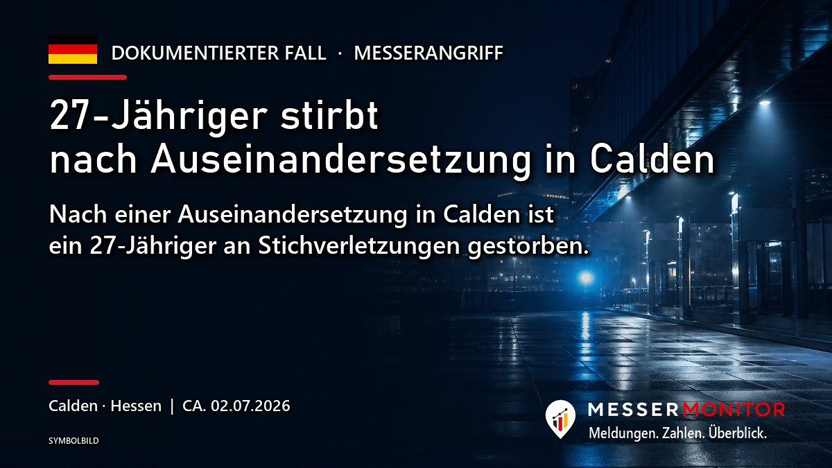 Titelgrafik: 27-Jähriger stirbt nach Auseinandersetzung in Calden. Nach einer Auseinandersetzung in Calden ist ein 27-Jähriger an Stichverletzungen gestorben..