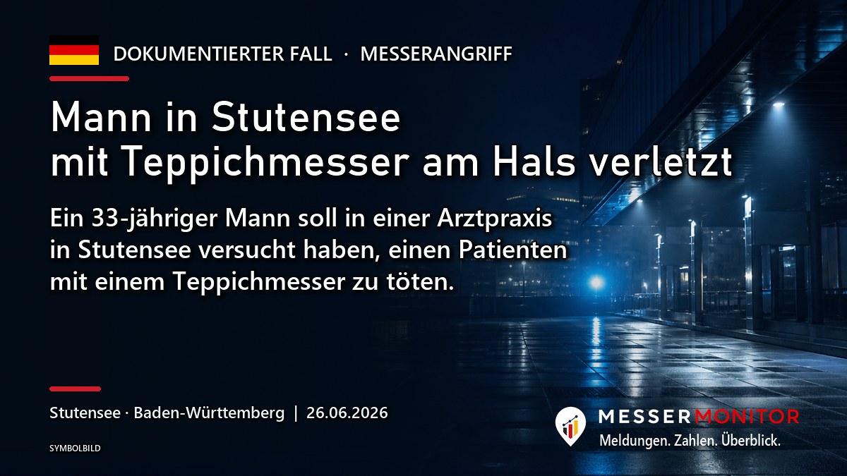 Titelgrafik: Mann in Stutensee mit Teppichmesser am Hals verletzt. Ein 33-jähriger Mann soll in einer Arztpraxis in Stutensee versucht haben, einen Patienten mit einem Teppichmesser zu töten..