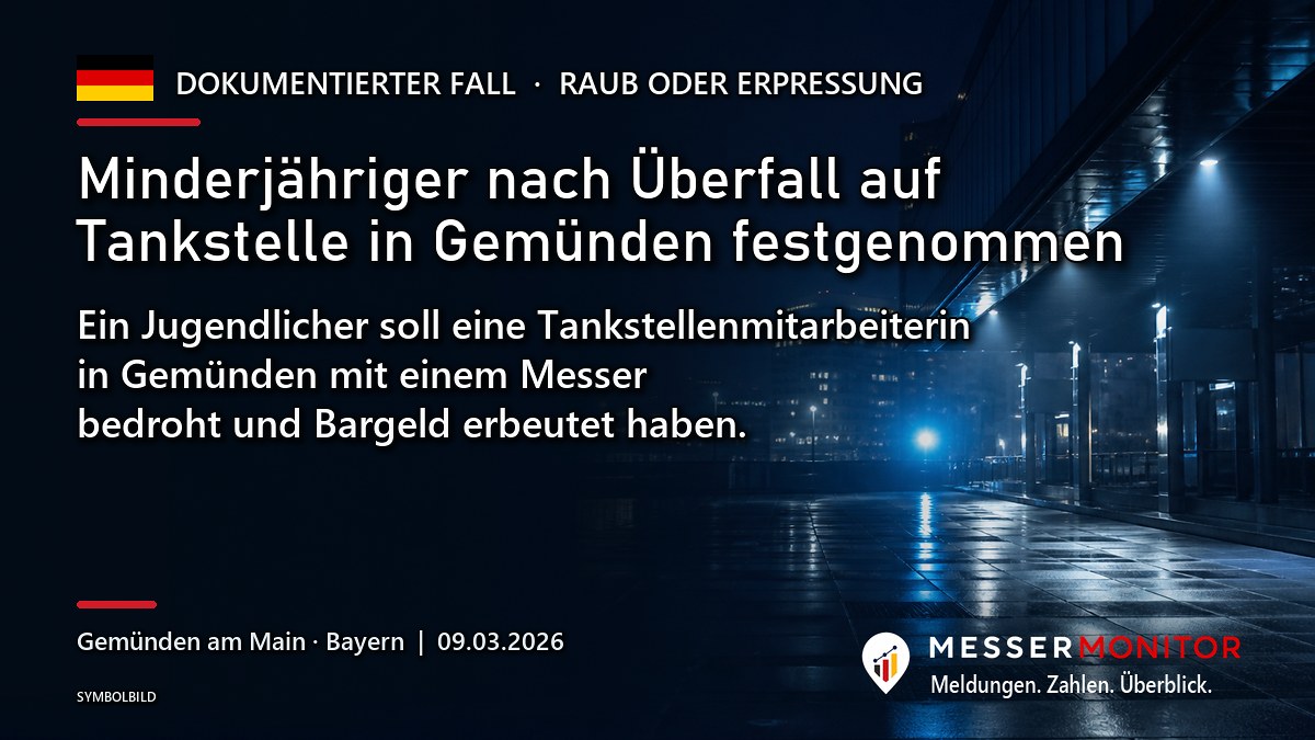 Titelgrafik: Minderjähriger nach Überfall auf Tankstelle in Gemünden festgenommen. Ein Jugendlicher soll eine Tankstellenmitarbeiterin in Gemünden mit einem Messer bedroht und Bargeld erbeutet haben..