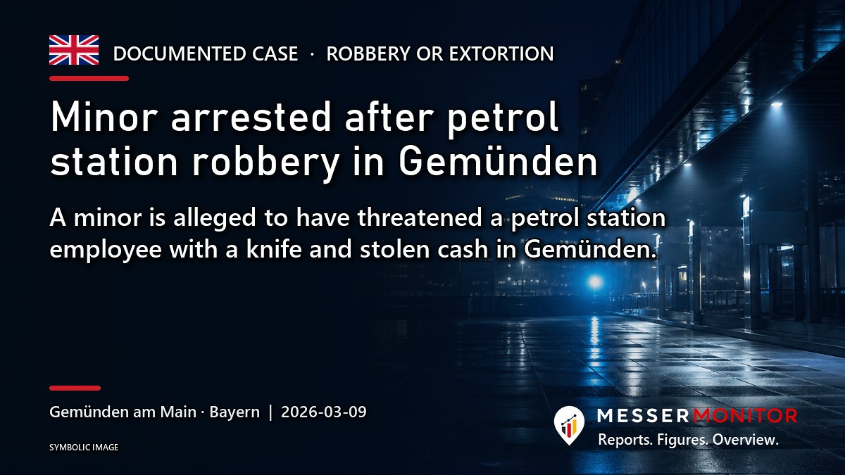 Title image: Minor arrested after petrol station robbery in Gemünden. A minor is alleged to have threatened a petrol station employee with a knife and stolen cash in Gemünden..
