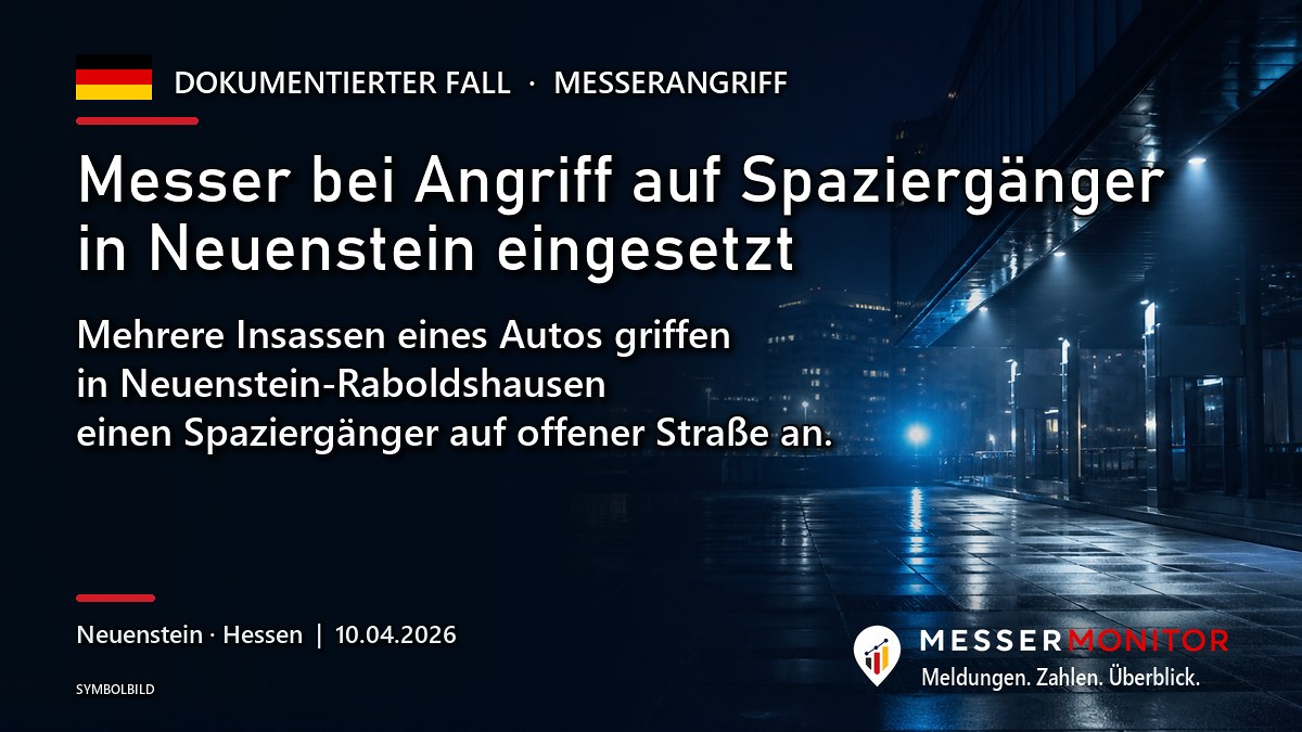 Titelgrafik: Messer bei Angriff auf Spaziergänger in Neuenstein eingesetzt. Mehrere Insassen eines Autos griffen in Neuenstein-Raboldshausen einen Spaziergänger auf offener Straße an..