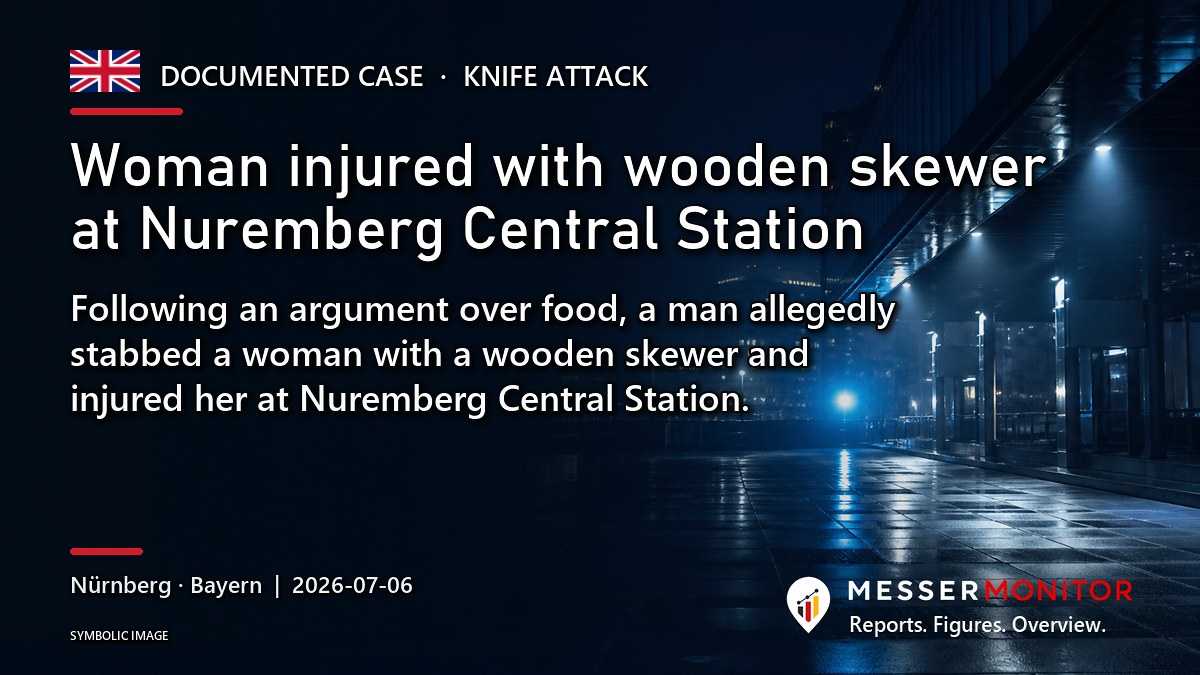 Title image: Woman injured with wooden skewer at Nuremberg Central Station. Following an argument over food, a man allegedly stabbed a woman with a wooden skewer and injured her at Nuremberg Central Station..