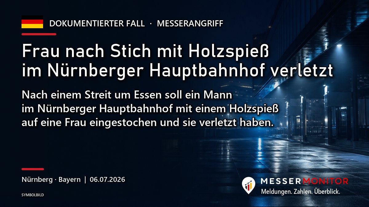 Titelgrafik: Frau nach Stich mit Holzspieß im Nürnberger Hauptbahnhof verletzt. Nach einem Streit um Essen soll ein Mann im Nürnberger Hauptbahnhof mit einem Holzspieß auf eine Frau eingestochen und sie verletzt haben..