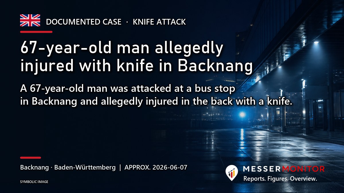 Title image: 67-year-old man allegedly injured with knife in Backnang. A 67-year-old man was attacked at a bus stop in Backnang and allegedly injured in the back with a knife..