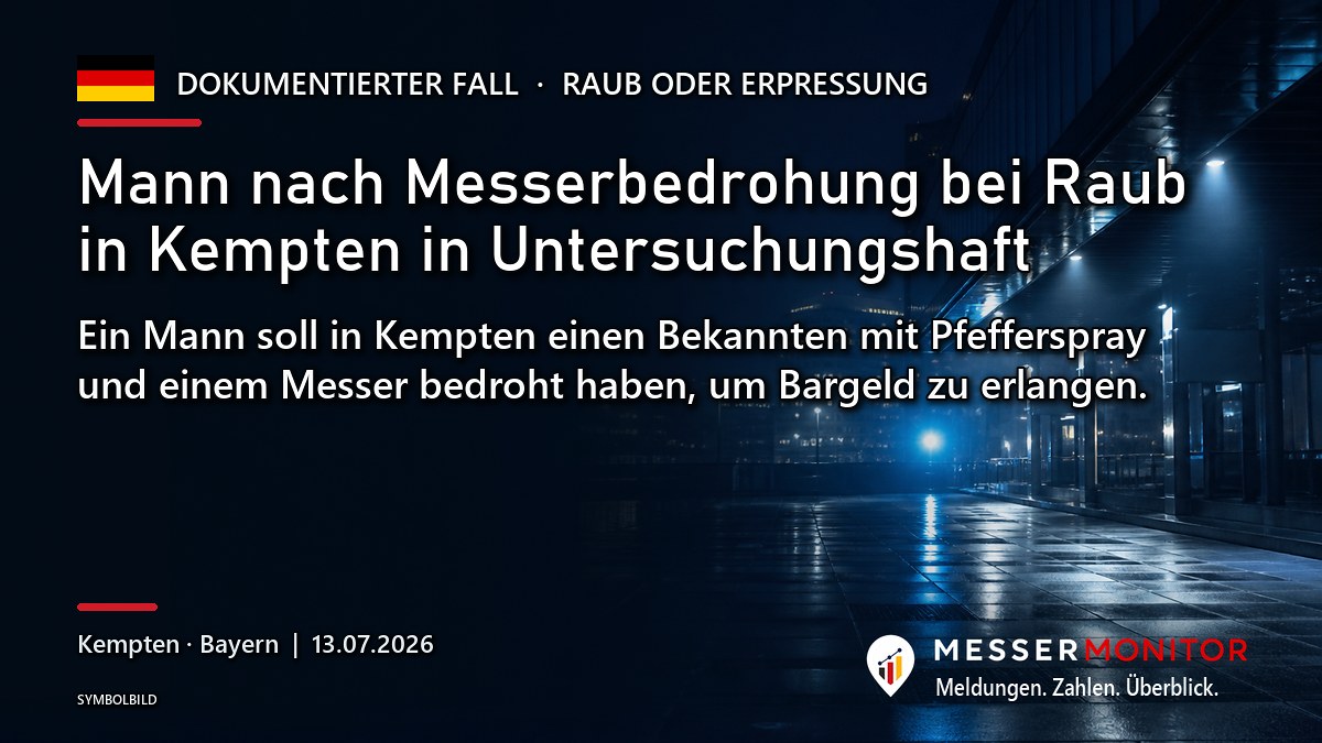 Titelgrafik: Mann nach Messerbedrohung bei Raub in Kempten in Untersuchungshaft. Ein Mann soll in Kempten einen Bekannten mit Pfefferspray und einem Messer bedroht haben, um Bargeld zu erlangen..
