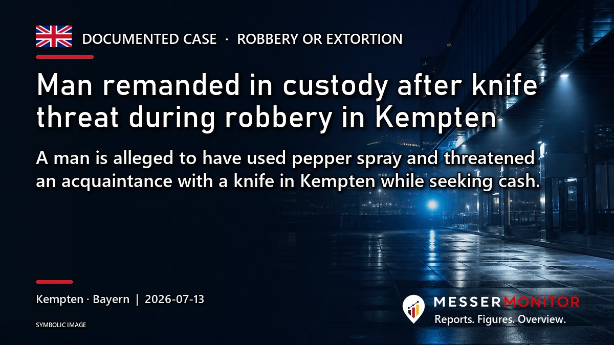 Title image: Man remanded in custody after knife threat during robbery in Kempten. A man is alleged to have used pepper spray and threatened an acquaintance with a knife in Kempten while seeking cash..