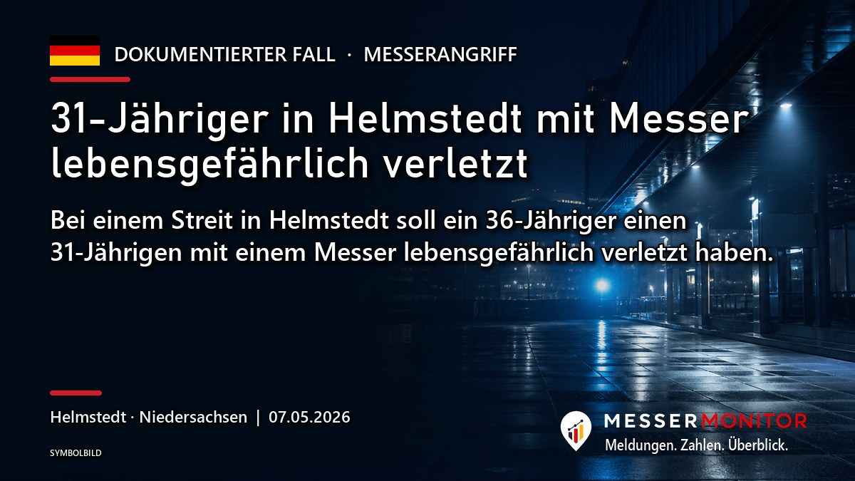 Titelgrafik: 31-Jähriger in Helmstedt mit Messer lebensgefährlich verletzt. Bei einem Streit in Helmstedt soll ein 36-Jähriger einen 31-Jährigen mit einem Messer lebensgefährlich verletzt haben..