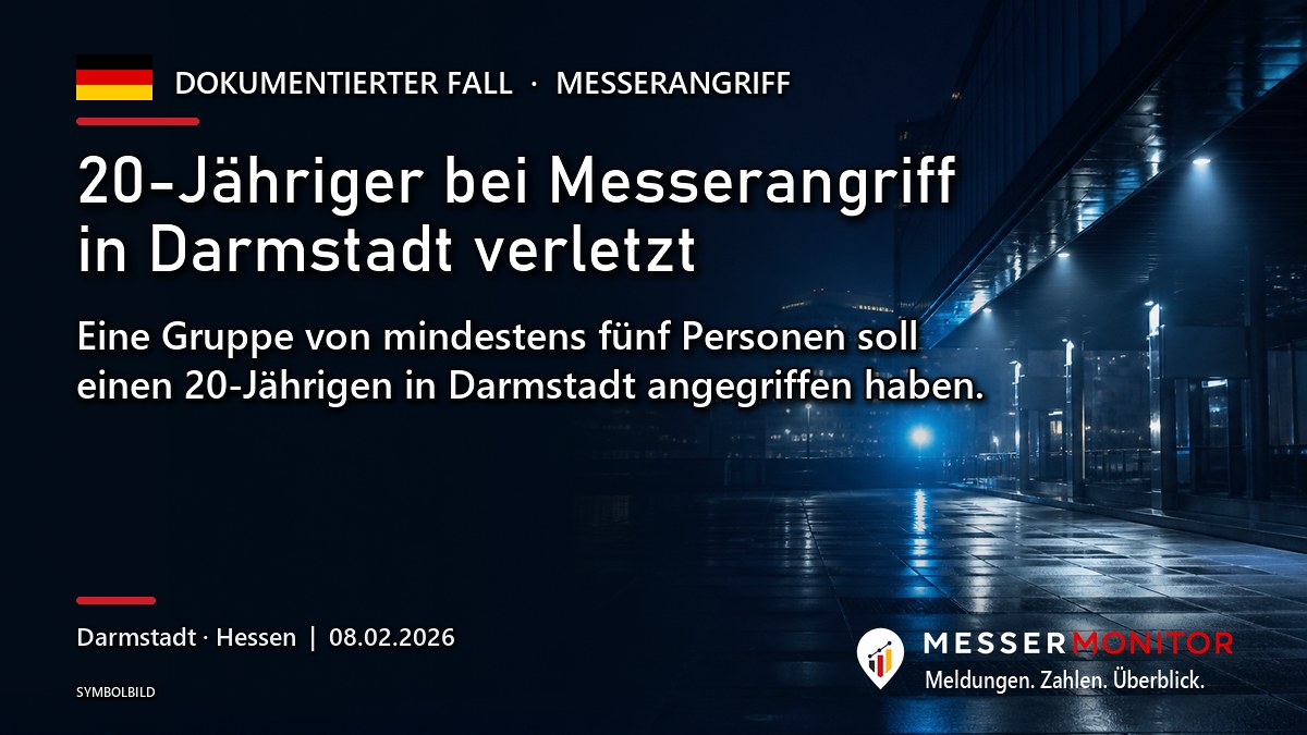 Titelgrafik: 20-Jähriger bei Messerangriff in Darmstadt verletzt. Eine Gruppe von mindestens fünf Personen soll einen 20-Jährigen in Darmstadt angegriffen haben..