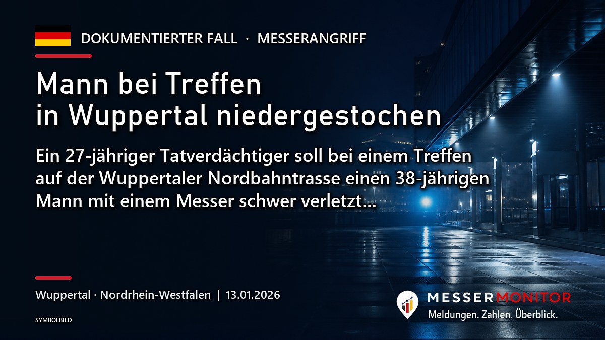 Titelgrafik: Mann bei Treffen in Wuppertal niedergestochen. Ein 27-jähriger Tatverdächtiger soll bei einem Treffen auf der Wuppertaler Nordbahntrasse einen 38-jährigen Mann mit einem Messer schwer verletzt….