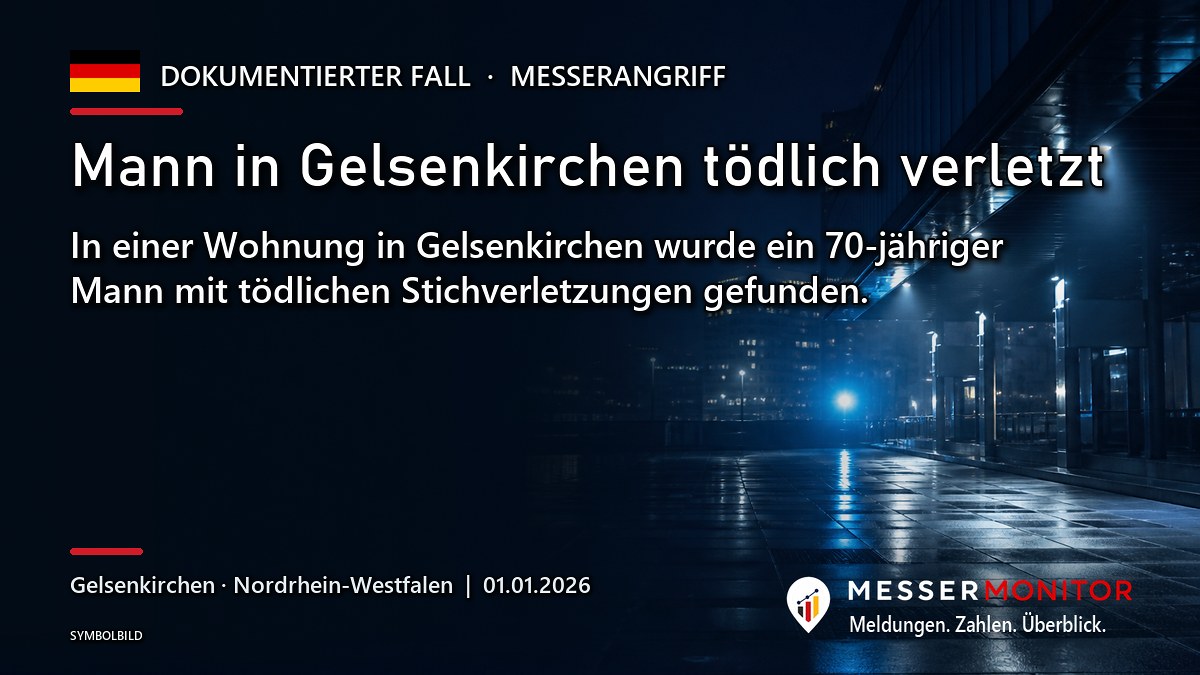 Titelgrafik: Mann in Gelsenkirchen tödlich verletzt. In einer Wohnung in Gelsenkirchen wurde ein 70-jähriger Mann mit tödlichen Stichverletzungen gefunden..