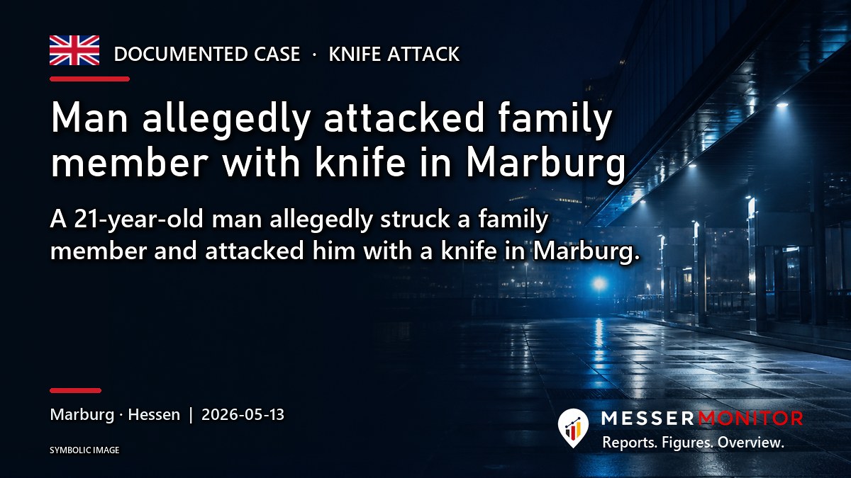 Title image: Man allegedly attacked family member with knife in Marburg. A 21-year-old man allegedly struck a family member and attacked him with a knife in Marburg..