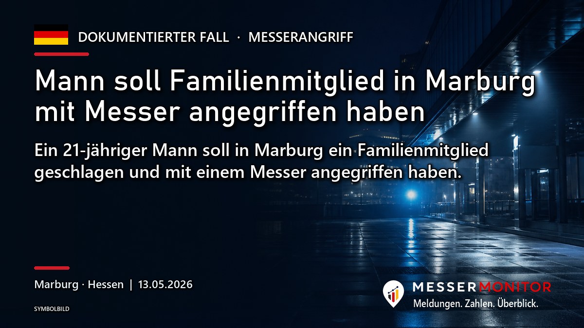 Titelgrafik: Mann soll Familienmitglied in Marburg mit Messer angegriffen haben. Ein 21-jähriger Mann soll in Marburg ein Familienmitglied geschlagen und mit einem Messer angegriffen haben..