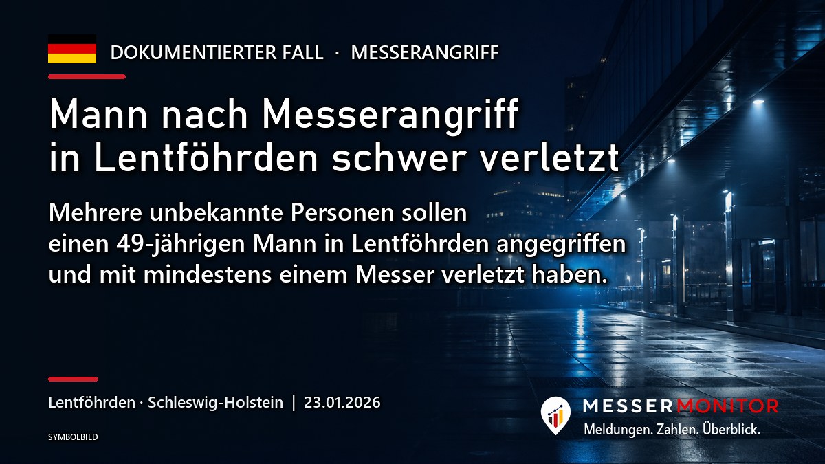 Titelgrafik: Mann nach Messerangriff in Lentföhrden schwer verletzt. Mehrere unbekannte Personen sollen einen 49-jährigen Mann in Lentföhrden angegriffen und mit mindestens einem Messer verletzt haben..