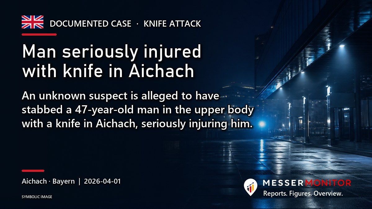Title image: Man seriously injured with knife in Aichach. An unknown suspect is alleged to have stabbed a 47-year-old man in the upper body with a knife in Aichach, seriously injuring him..