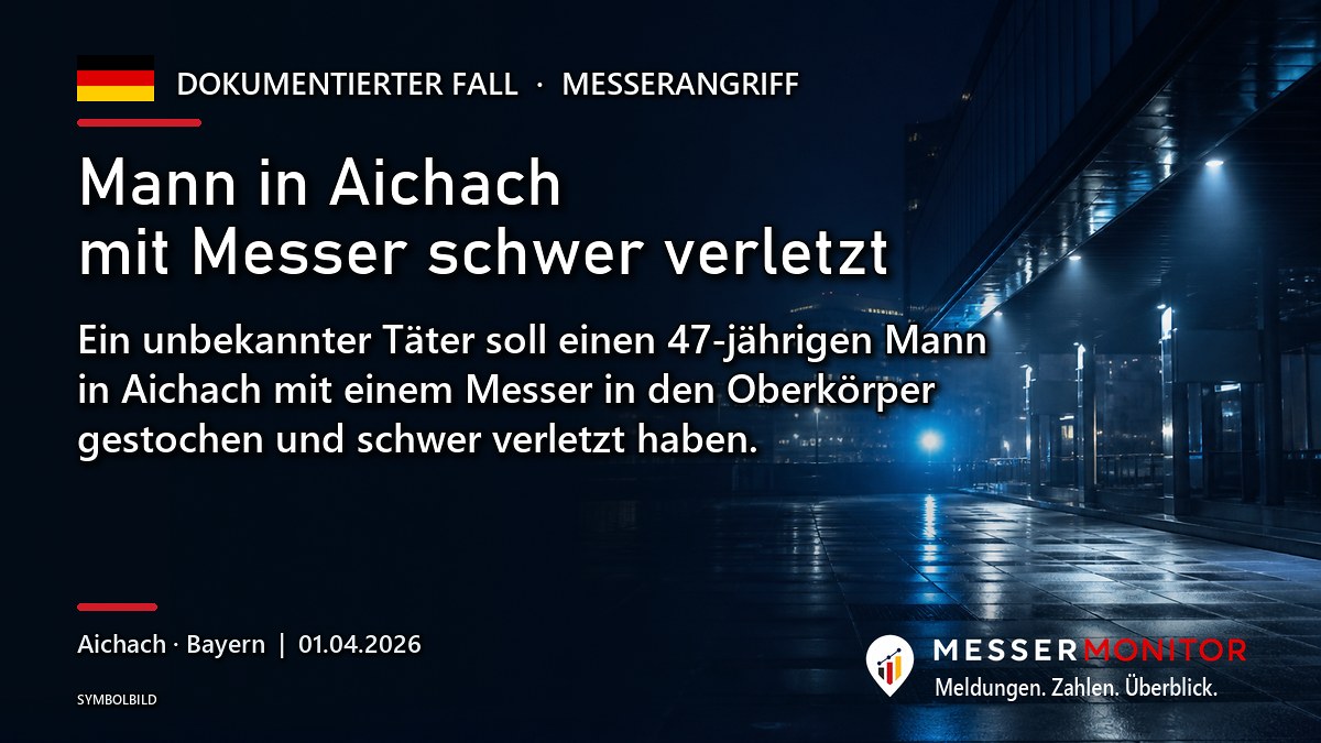 Titelgrafik: Mann in Aichach mit Messer schwer verletzt. Ein unbekannter Täter soll einen 47-jährigen Mann in Aichach mit einem Messer in den Oberkörper gestochen und schwer verletzt haben..