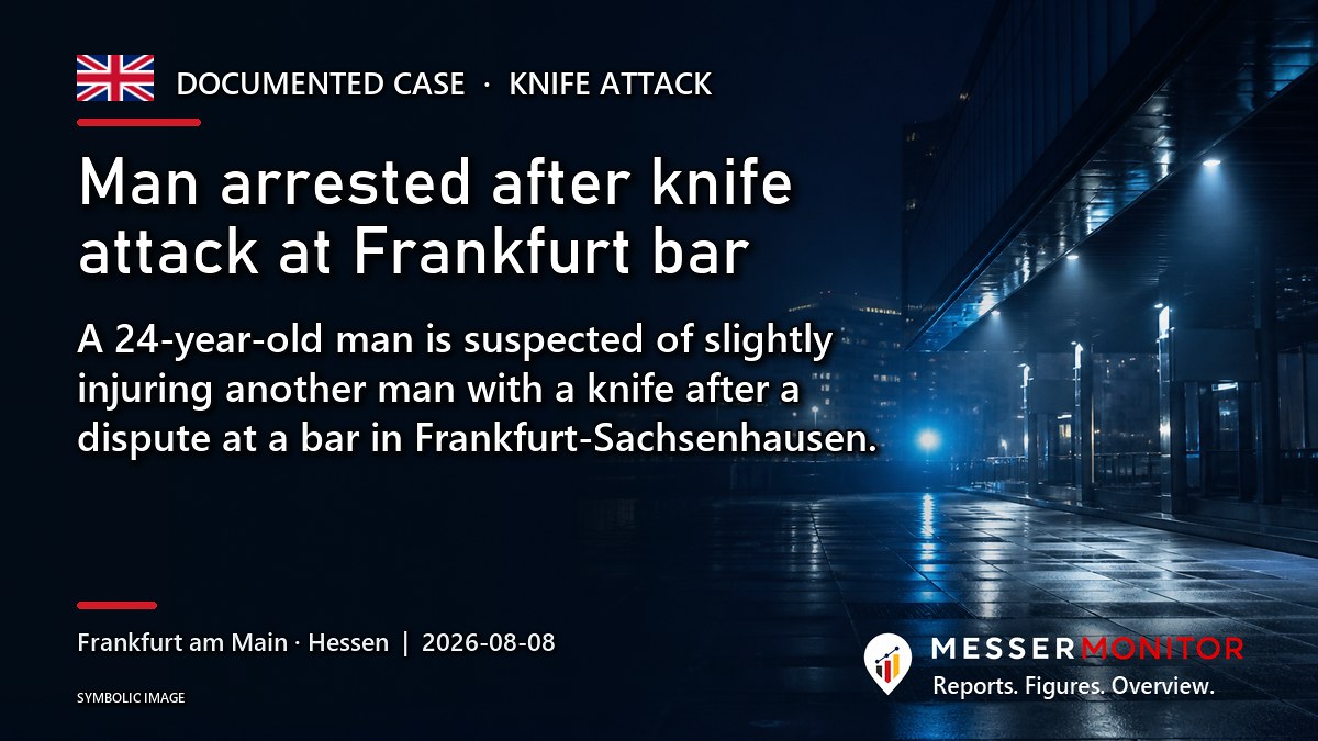 Title image: Man arrested after knife attack at Frankfurt bar. A 24-year-old man is suspected of slightly injuring another man with a knife after a dispute at a bar in Frankfurt-Sachsenhausen..
