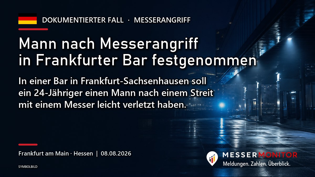 Titelgrafik: Mann nach Messerangriff in Frankfurter Bar festgenommen. In einer Bar in Frankfurt-Sachsenhausen soll ein 24-Jähriger einen Mann nach einem Streit mit einem Messer leicht verletzt haben..