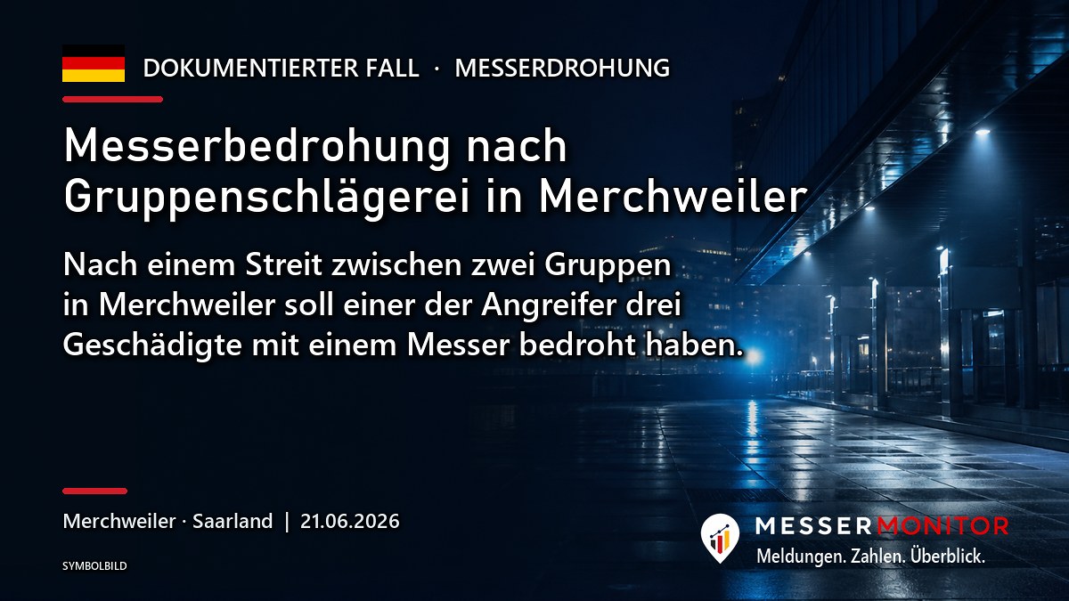 Titelgrafik: Messerbedrohung nach Gruppenschlägerei in Merchweiler. Nach einem Streit zwischen zwei Gruppen in Merchweiler soll einer der Angreifer drei Geschädigte mit einem Messer bedroht haben..