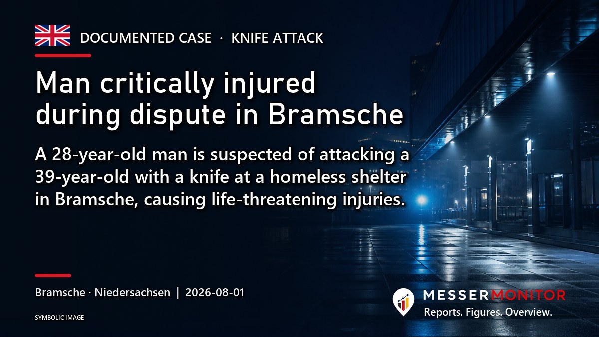 Title image: Man critically injured during dispute in Bramsche. A 28-year-old man is suspected of attacking a 39-year-old with a knife at a homeless shelter in Bramsche, causing life-threatening injuries..