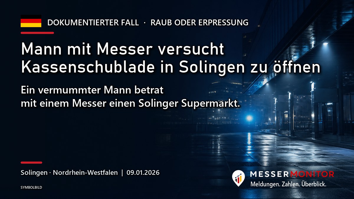 Titelgrafik: Mann mit Messer versucht Kassenschublade in Solingen zu öffnen. Ein vermummter Mann betrat mit einem Messer einen Solinger Supermarkt..