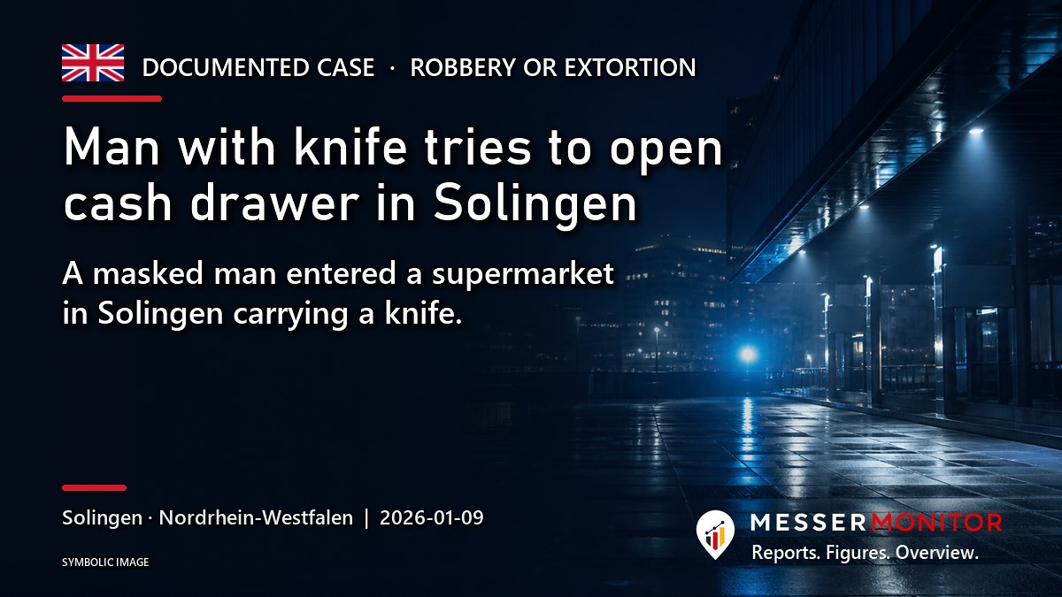 Title image: Man with knife tries to open cash drawer in Solingen. A masked man entered a supermarket in Solingen carrying a knife..