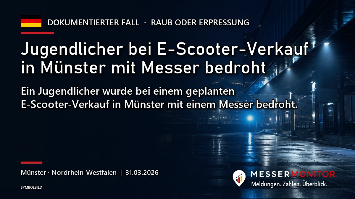 Titelgrafik: Jugendlicher bei E-Scooter-Verkauf in Münster mit Messer bedroht. Ein Jugendlicher wurde bei einem geplanten E-Scooter-Verkauf in Münster mit einem Messer bedroht..